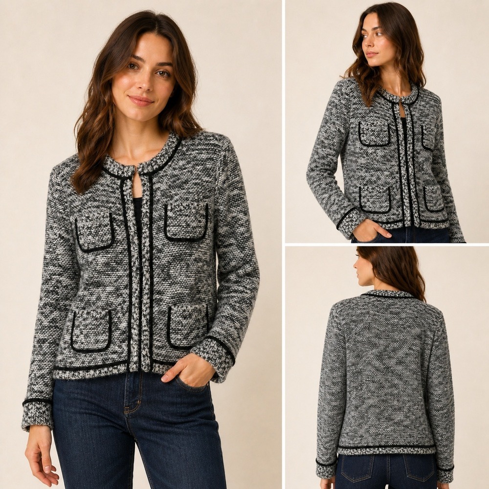 LOFT Women's Large Lady Jacket Cardigan Black White Marled Rabbit Hair Blend